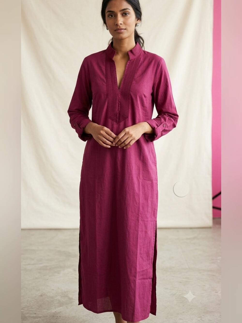 Sail to Sable Long Sleeve Maroon Cotton Decorative Trim Midi Caftan - Sz L